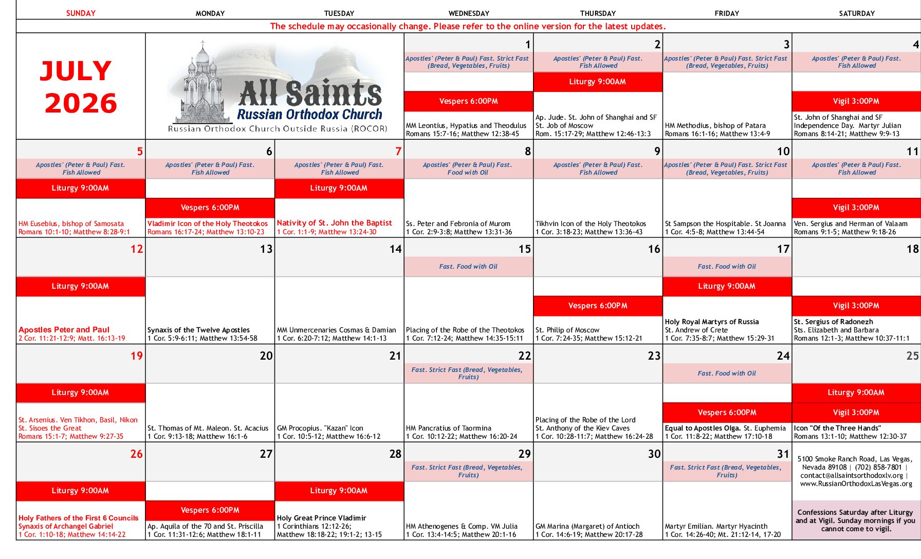JUly SCHEDULE OF SERVICES