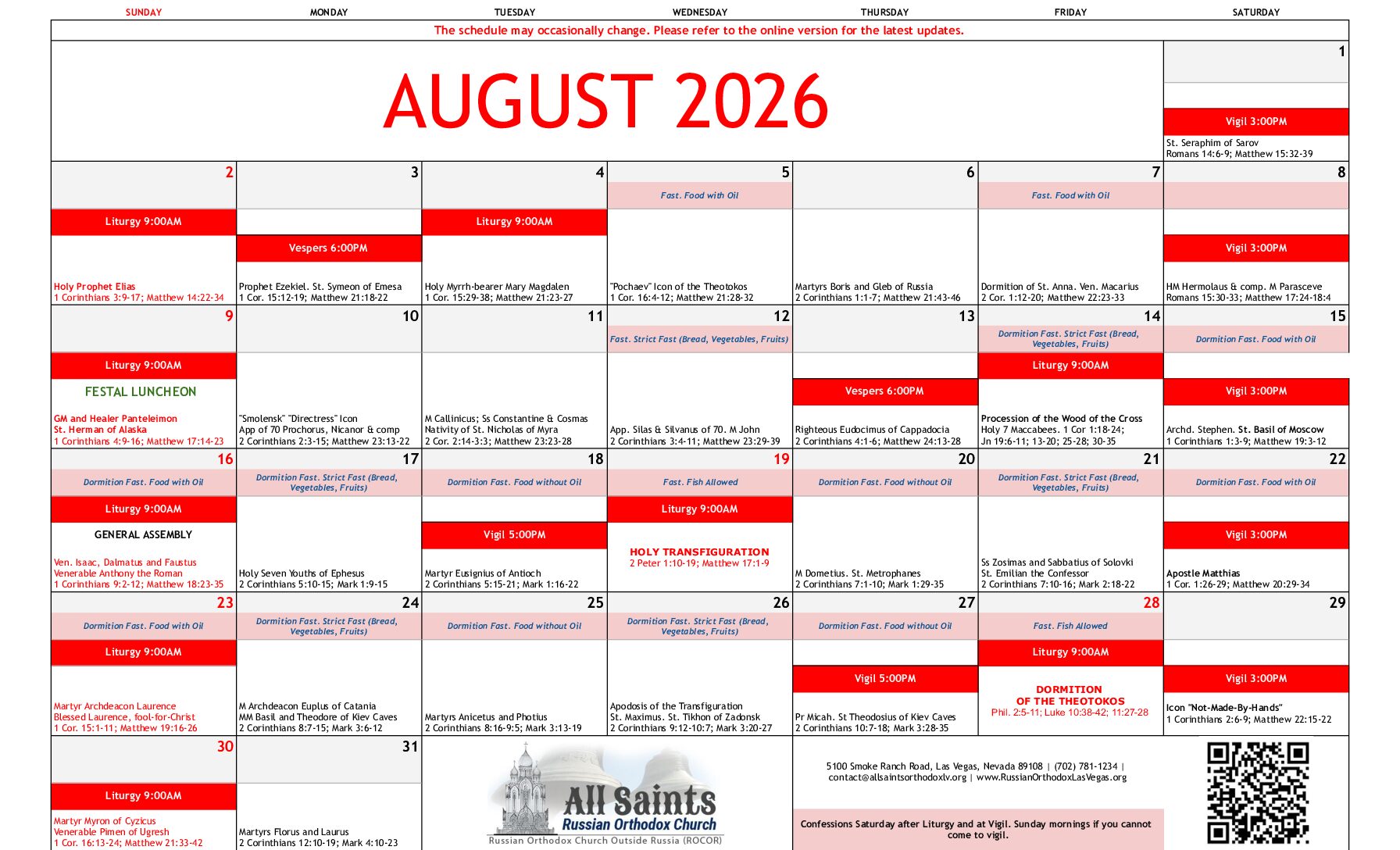August SCHEDULE OF SERVICES