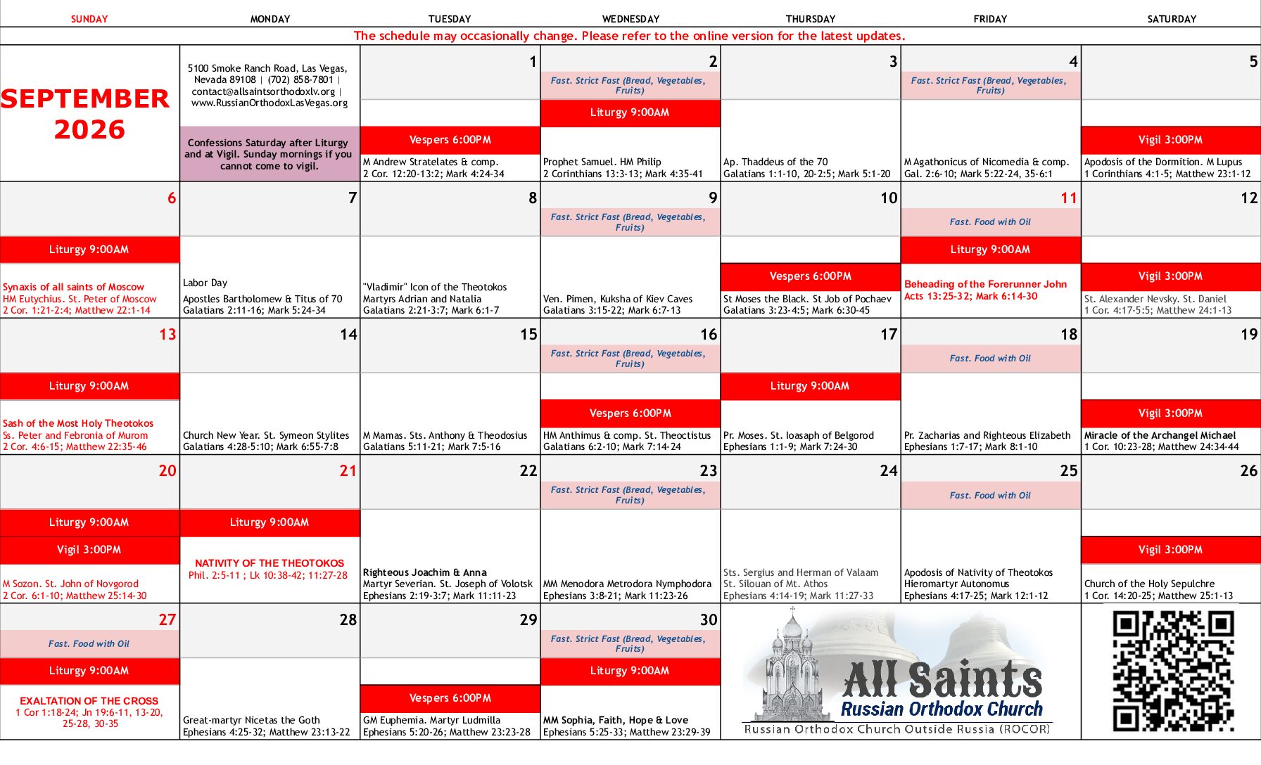 JUly SCHEDULE OF SERVICES