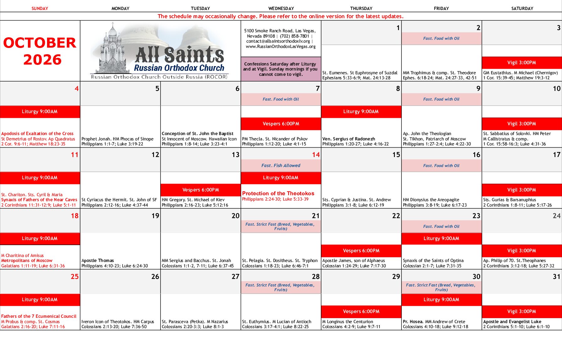JUly SCHEDULE OF SERVICES